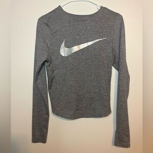 Nike Dri-Fit Gray Long Sleeve Top XS Metallic Swoosh Athletic
